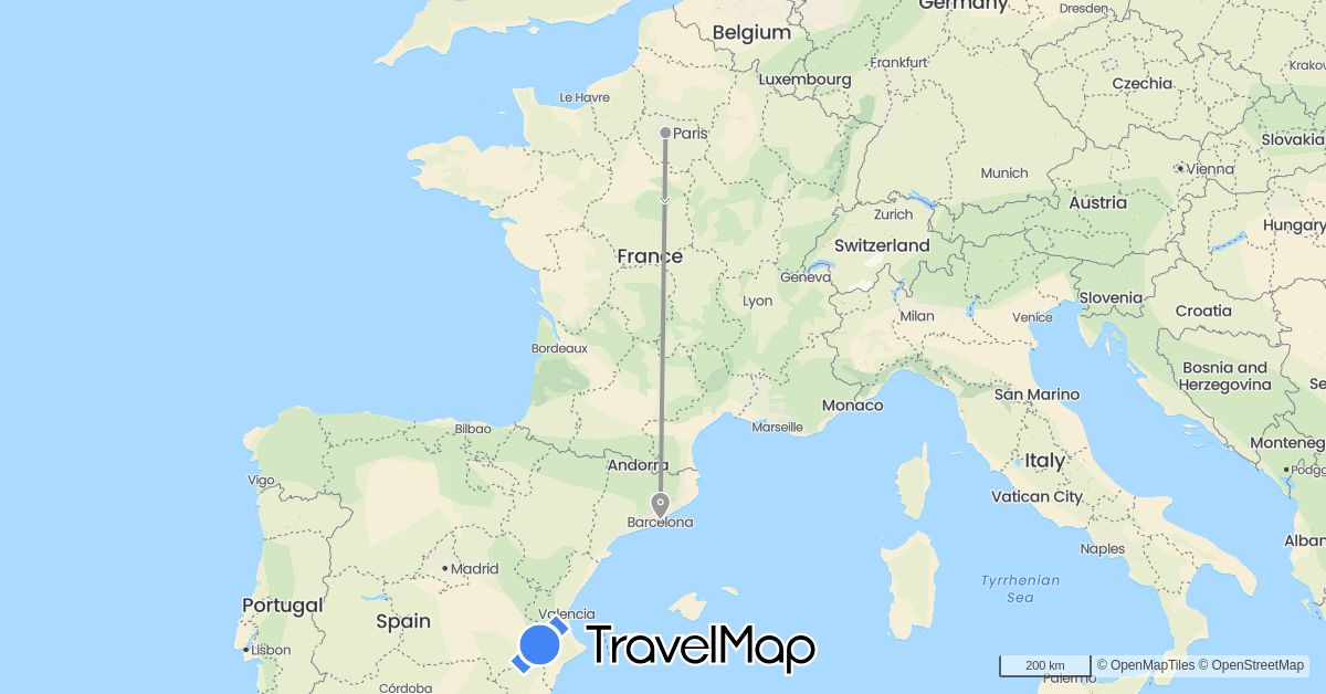 TravelMap itinerary: driving, plane in Spain, France (Europe)